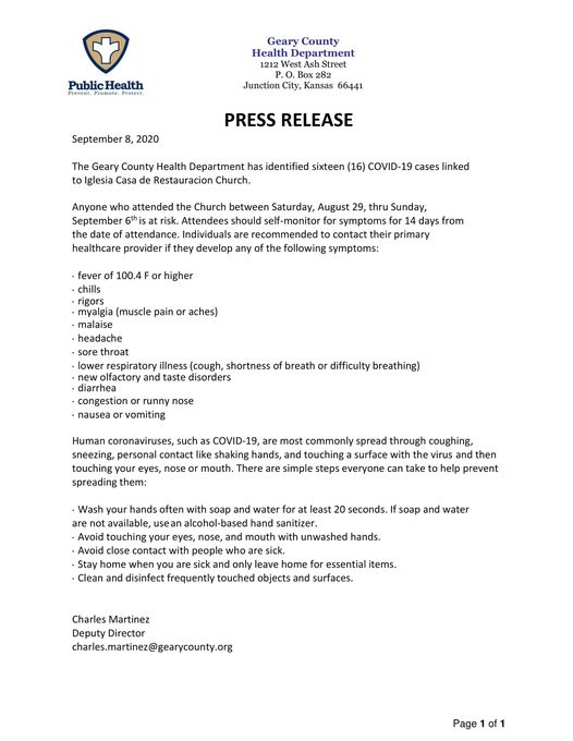 Health Department Press Release 09/08/20